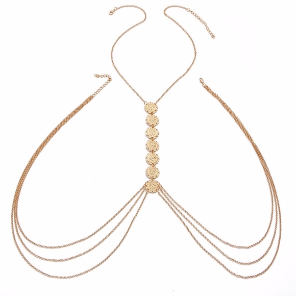 Gold Disc Body Chain Triple Layer Wrap Necklace - Picture 6 of 8